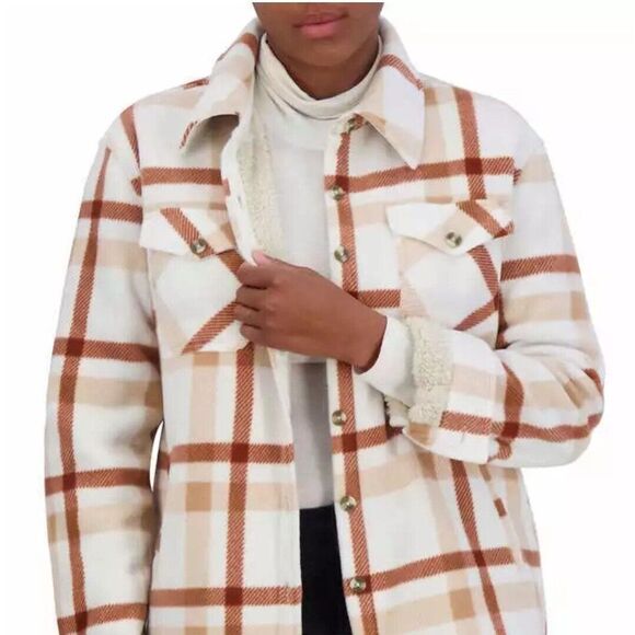 SAGE Women's XXL Plush Shirt Jacket Copper Rust Plaid Button Up Sherpa Lined NWT - Picture 1 of 9